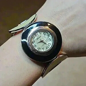 Geneva Black & White Color Block Mod Art Deco Bangle Cuff Bracelet Watch